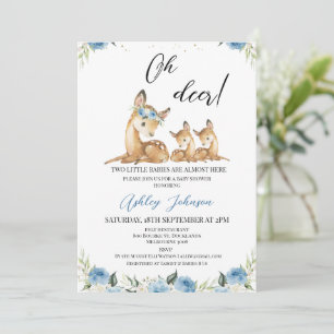 Boys Blue Floral Oh Deer Twins Baby Dusche Einladung