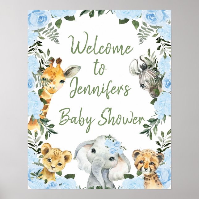 Boys Blue Floral Safari Baby Dusche Begrüßungsppos Poster (Vorne)