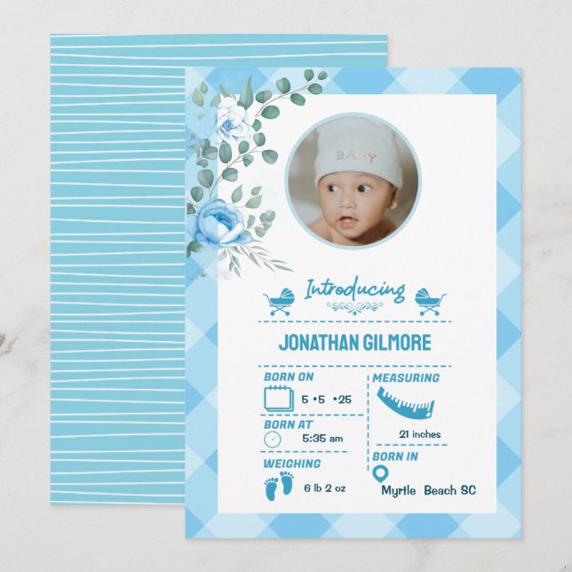 Boys Blue Foto Birth Stats Ankündigung (Vorne/Hinten)