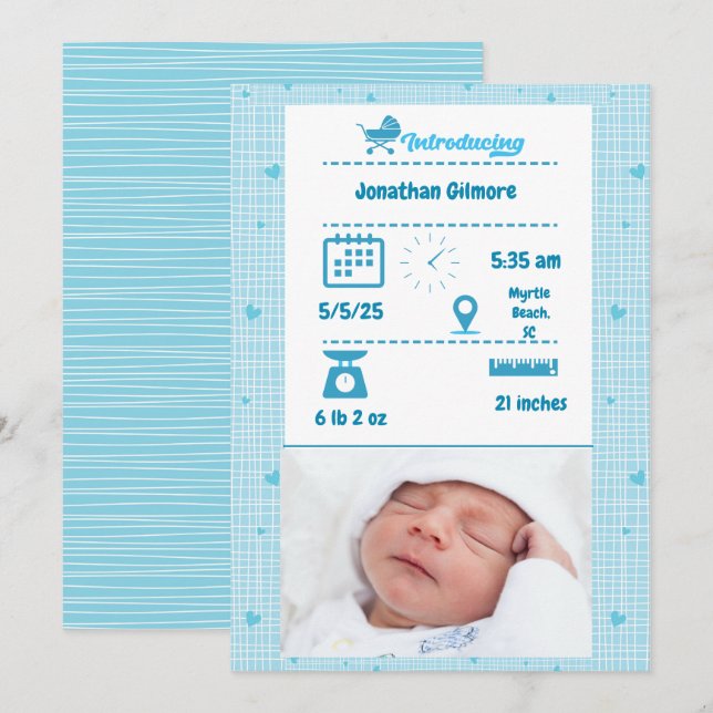 Boys Blue Foto Birth Stats Ankündigung (Vorne/Hinten)