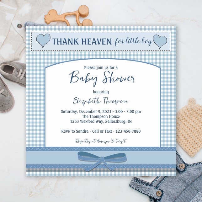 Boys Blue Gingham Baby Shower Einladung (Von Creator hochgeladen)