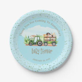 Boys Blue Green Farm Animals Traktor Baby Dusche Pappteller