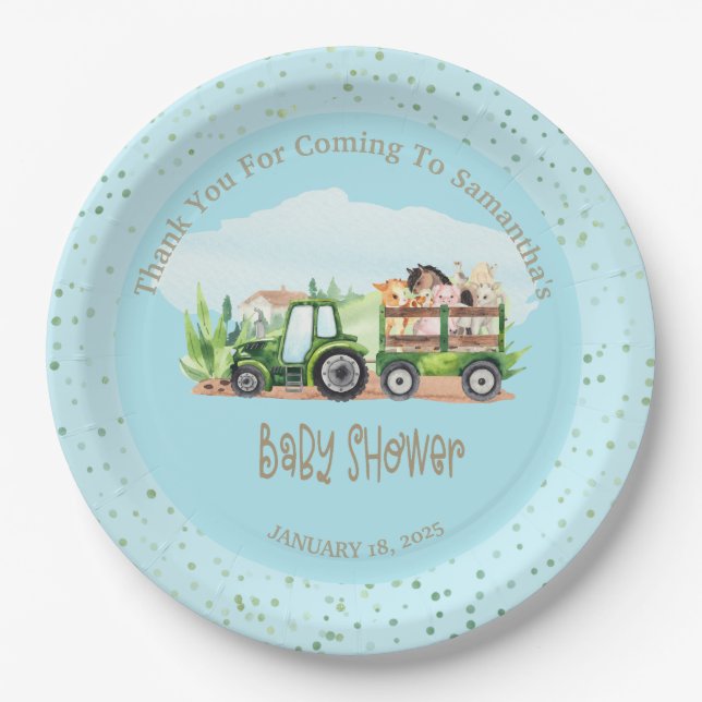 Boys Blue Green Farm Animals Traktor Baby Dusche Pappteller (Vorderseite)