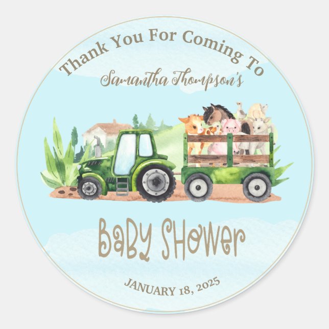 Boys Blue Green Farm Animals Traktor Baby Dusche Runder Aufkleber (Vorderseite)