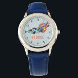 Boys Blue Hot Flames & Racing Car Kids Armbanduhr<br><div class="desc">Dieses coole Jungenuhr-Design verfügt über einen blauen Rennwagen mit schwarzen Rädern und heißen Flammen,  Zahlen und hat Platz für Sie,  um Ihren Kindernamen in einfacher Typografie hinzuzufügen. Das perfekte Geschenk für jeden Rennfahrer. Karo aus der Erholung unserer Kollektion für andere niedliche Kinderartikel.</div>