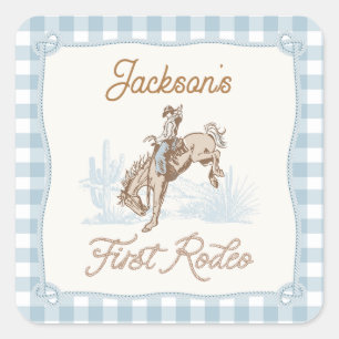 Boys Blue Kariert Cowboy 1st Rodeo Quadratischer Aufkleber