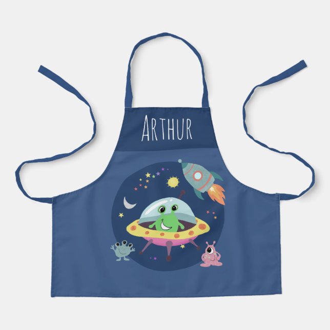 Boys Blue Niedlich Space Alien und Name Schürze (Vorderseite)