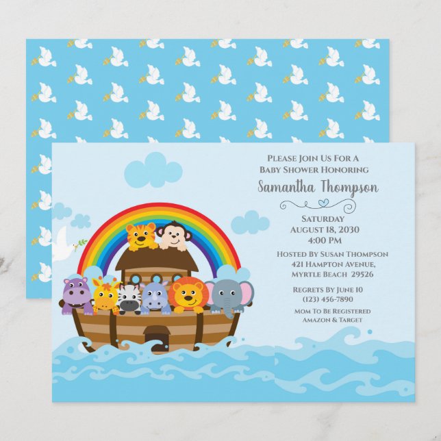 Boys Blue Noah's Ark Baby Shower Einladung (Vorne/Hinten)