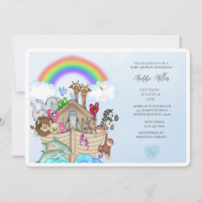 Boys Blue Noah's Ark Baby Shower Einladung (Vorderseite)