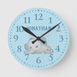 Boys Blue Personalisiert Niedlich Elephant Baby Runde Wanduhr
