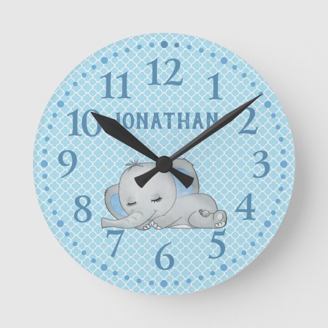 Boys Blue Personalisiert Niedlich Elephant Baby Runde Wanduhr (Vorderseite)
