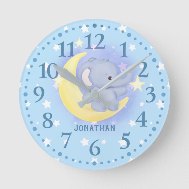 Boys Blue Personalisierte Niedliche Elephant Moon  Runde Wanduhr (Vorderseite)