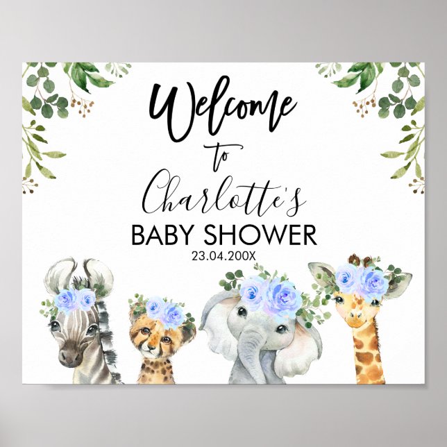 Boys Blue Safari Floral Baby shower Welcome Poster (Devant)