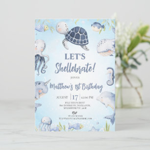 Boys Blue Sea Turtle Lasse Shellebrate 1. Geburtst Einladung