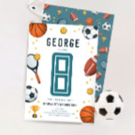 Boys Blue Sports Kids 8. Geburtstag Einladung<br><div class="desc">Dieses niedliche, sportliche Cartoon-Design aus dem achten Lebensjahr zeichnet sich durch ein Design aus, das auf einem weißen Hintergrund mit Basketball, Fußball, Fußball, Fußball, Tennisschläger, Trophäe und Stars gestaltet wurde. Die Einladung kann mit Ihrem Jungennamen und anderen Details personalisiert werden, die für Ihr Party notwendig sind. Die perfekte sportliche Ergänzung...</div>