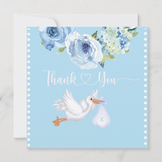 Boys Blue Stork Monogram Floral Baby Dusche Dankeskarte (Vorderseite)
