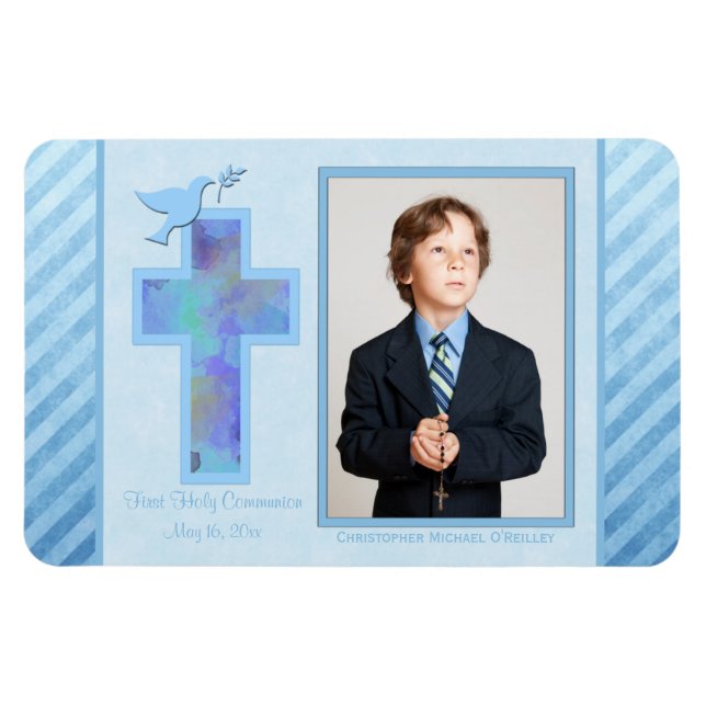 Boys Blue Strip 1. Heiliger Kommunion Foto Magnet (Horizontal)