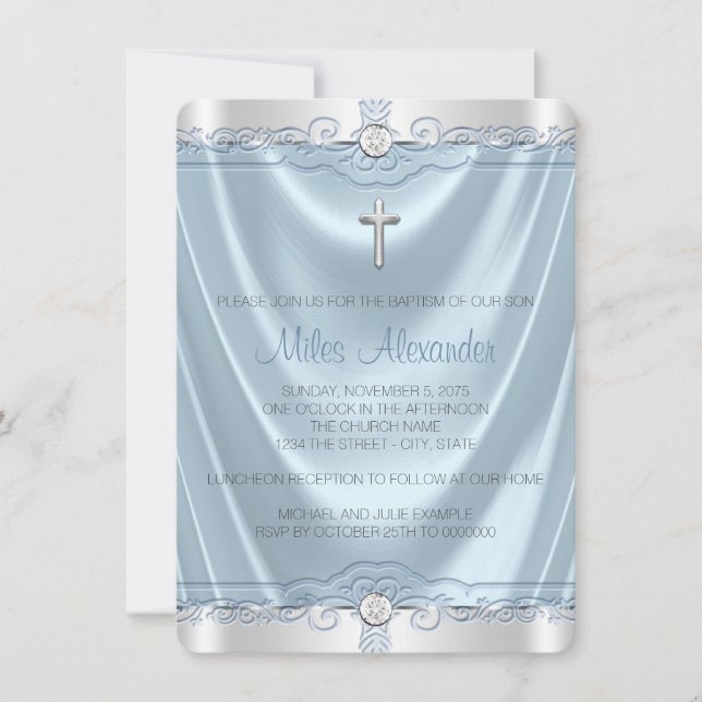 Boys Blue und Silver Taufe Christening Einladung (Vorderseite)