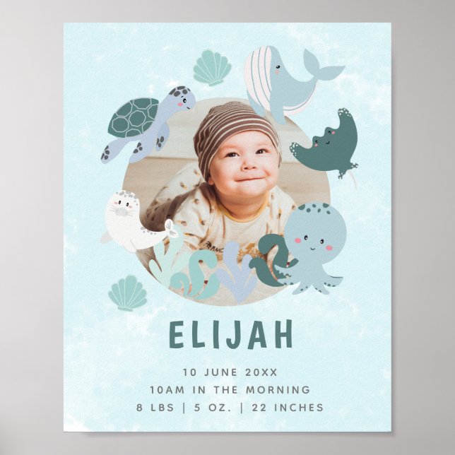 Boys Blue under Sea Birth Stats Foto Kinderzimmer Poster (Vorne)