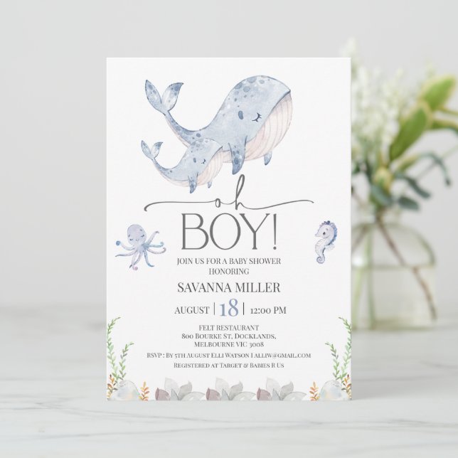 Boys Blue Under Sea Whale Calf Baby Dusche Einladung (Stehend Vorderseite)