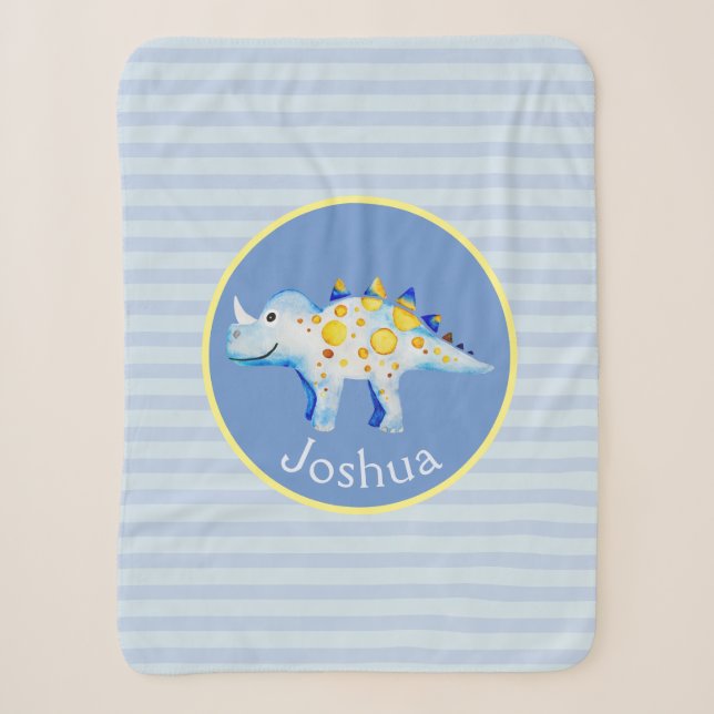 Boys Blue Watercolor Dinosaurier und Name Kinder Sherpadecke (Vorderseite)
