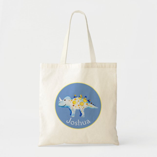 Boys Blue Watercolor Dinosaurier und Name Kinder Tragetasche (Vorne)
