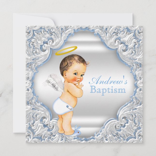 Boys Blue White Angel Boy Baby Taufe Einladung (Vorderseite)