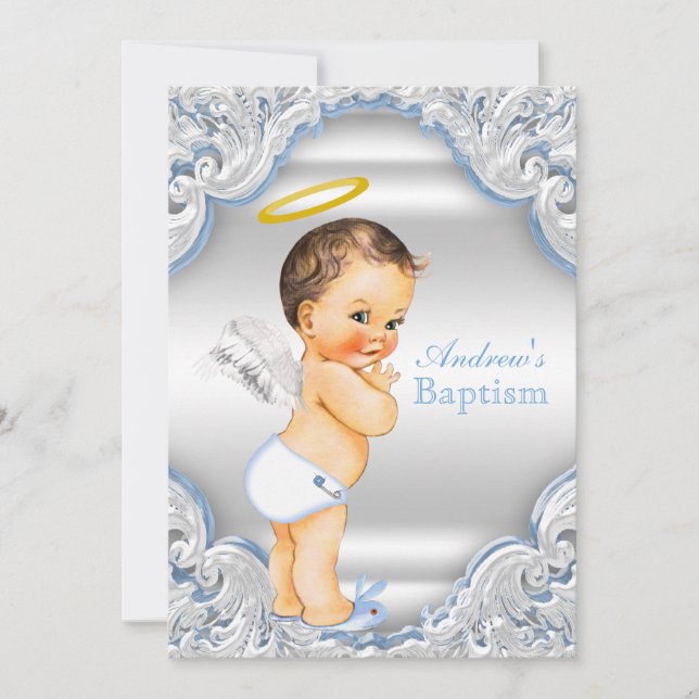 Boys Blue White Angel Boy Baby Taufe Einladung (Vorderseite)