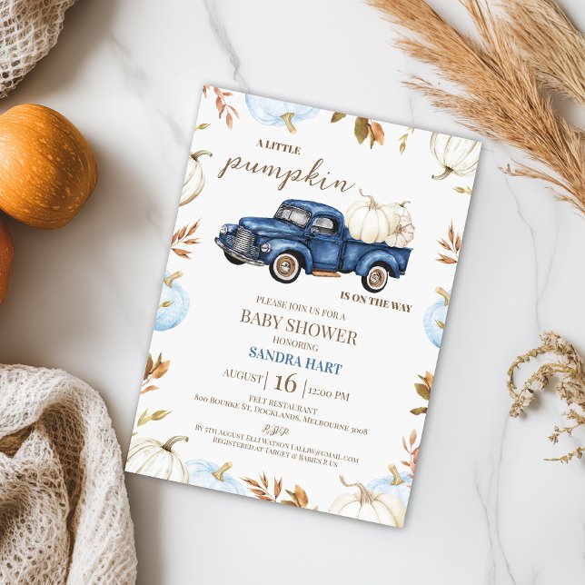 Boys Blue White Fall Pumpkin Truck Baby Dusche Einladung (Boys Little Pumpkin Baby Shower Invitation Template, Editable Fall Pumpkin Truck Baby Shower Invite)