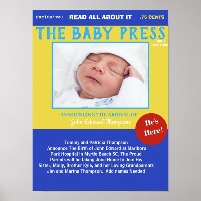 Boys Blue Yellow Keepsaké Photo Poster de naissanc (Devant)