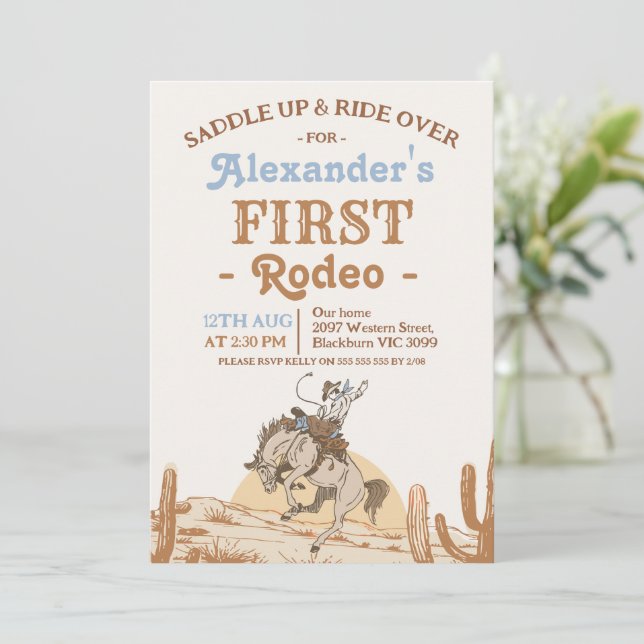 Boys Brown Bronco Cowboy First Rodeo 1st Birthday Einladung (Stehend Vorderseite)
