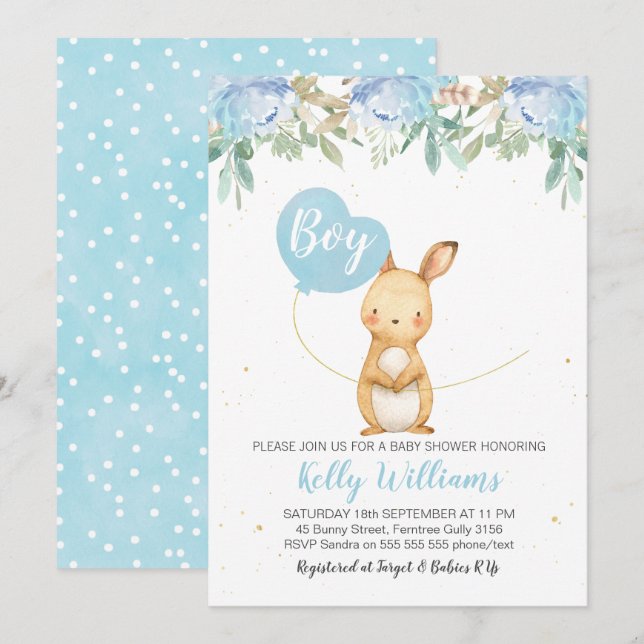 Boys Bunny Baby shower invitation (Devant / Derrière)