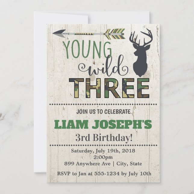 Boys Camo Deer Invitation pour le 3e anniversaire (Devant)