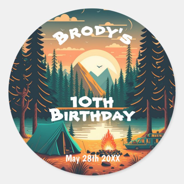 Boys Camping Adventure Birthday Party Runder Aufkleber (Vorderseite)