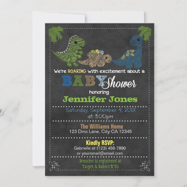 Boys Chalkboard Dinosaur Baby Shower Invitations (Devant)
