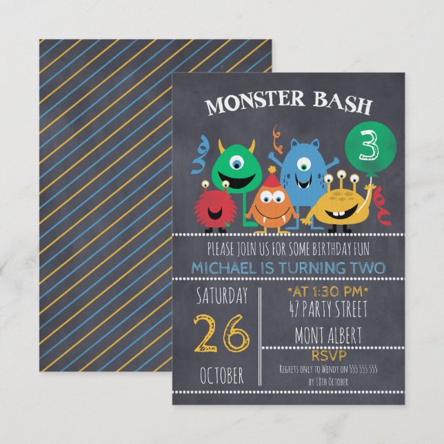 Boys Chalkboard Monster Bash Invitation d'annivers (Devant / Derrière)