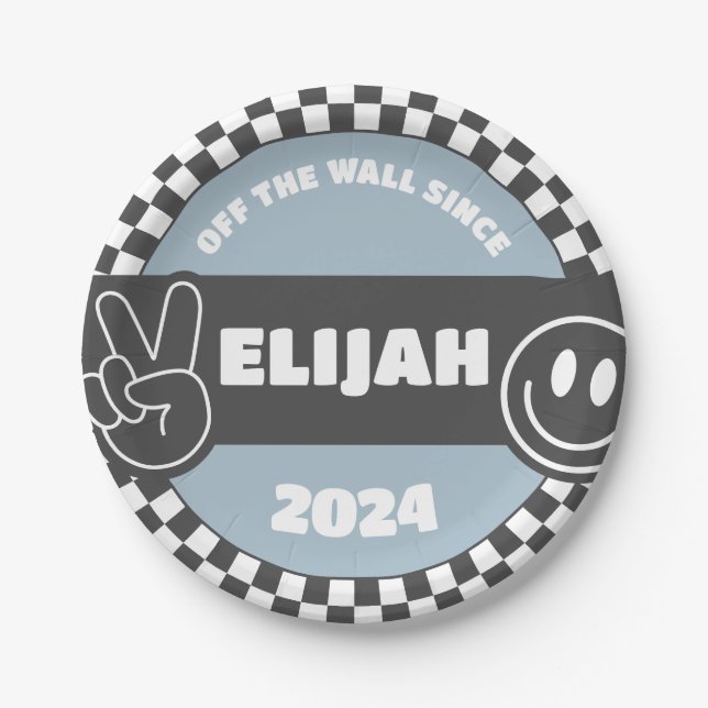 Boys' Checkered Skateboard Groovy Hippie Geburtsta Pappteller (Vorderseite)