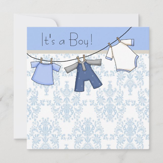 Boys Clothesline Babydusche Einladung (Vorderseite)