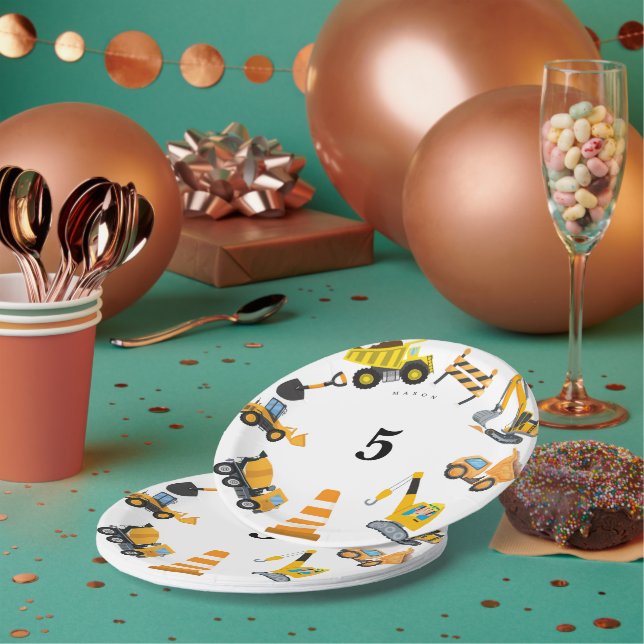 Boys Construction Birthday Party Theme Pappteller (Multi)