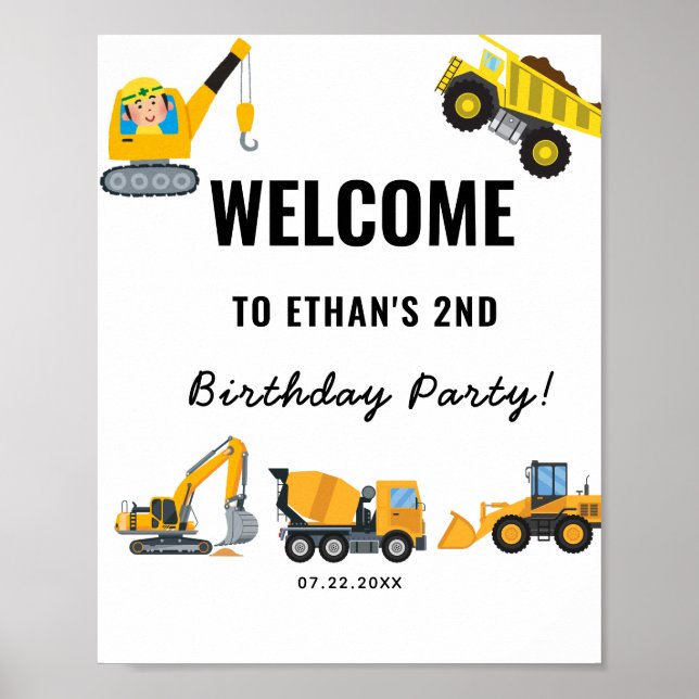 Boys Construction Birthday Party Theme Poster (Vorne)