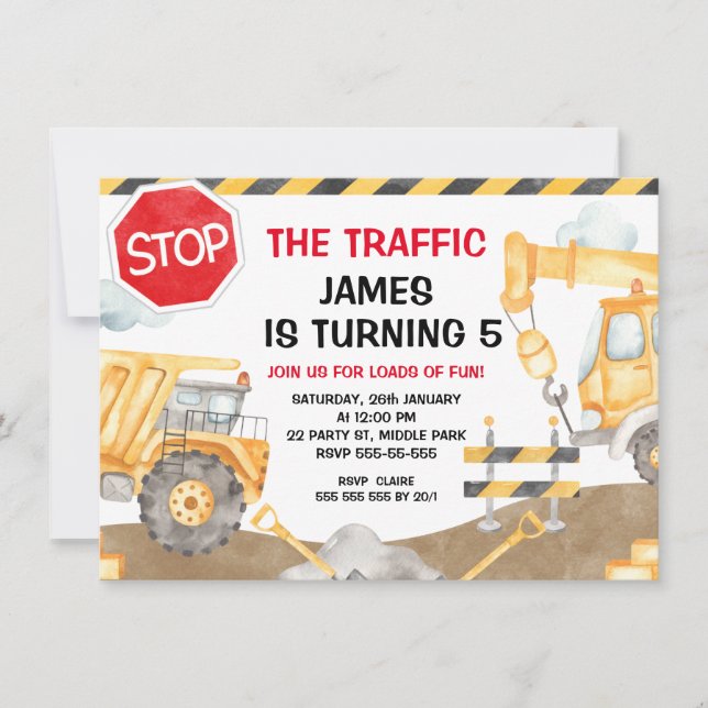 Boys Construction StoppDer Verkehr Geburtstag Einladung (Vorderseite)