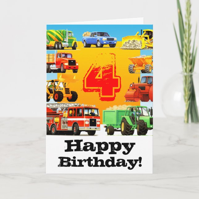Boy's Construction Truck 4. Happy Birthday Karte (Vorderseite)