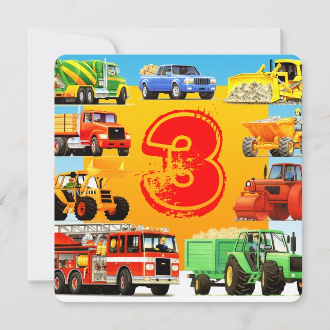Boy's Construction Truck Thema 3. Geburtstag Party Einladung (Vorderseite)