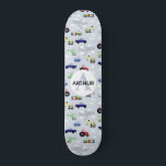 Boys Cool Blue Modern Transport Car Muster Kids Skateboard<br><div class="desc">Dieses moderne und coole Kinderskateboard-Design zeichnet sich durch ein akustisches Transportmuster aus,  mit Autos,  Flugzeugen,  Hubschraubern und Baggern auf blauem Hintergrund,  und kann mit Ihrem Jungs-Namen und Monogramm personalisiert sein. Das perfekte Geschenk für jeden Skateboardfans.</div>