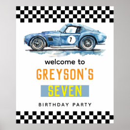 Boys Cool Blue Racing Car Kindergeburtstag Poster