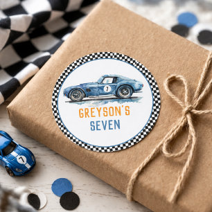 Boys Cool Blue Racing Car Kindergeburtstag Runder Aufkleber