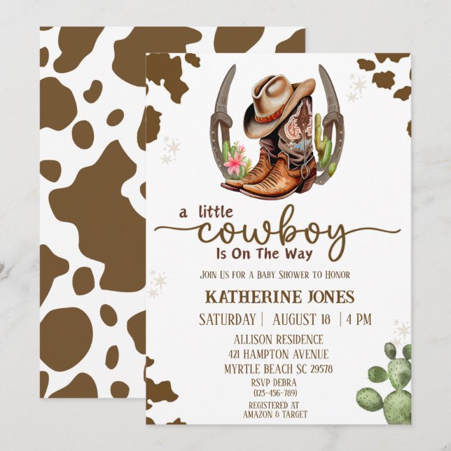 Boys Cowboy Cow Print Baby Dusche Einladung (Vorne/Hinten)
