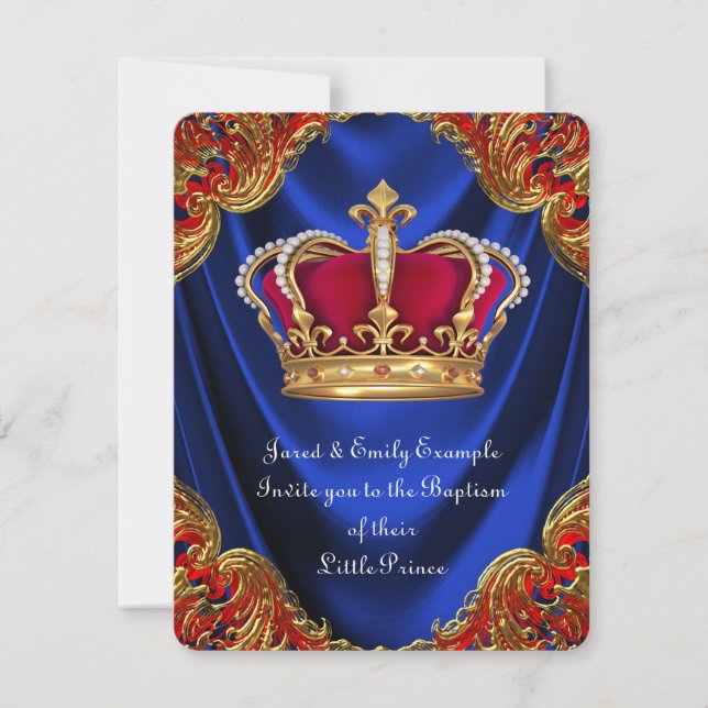 Boys Crown Prince Taufe Royal Blue Satin Einladung (Vorderseite)