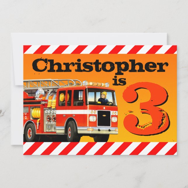 Boys Custom Fire Truck 3. Geburtstag Party Einladung (Vorderseite)