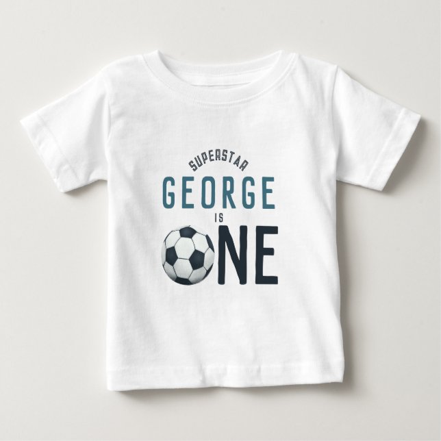 Boys Cute Blue Soccer First Birthday Baby T-shirt (Vorderseite)